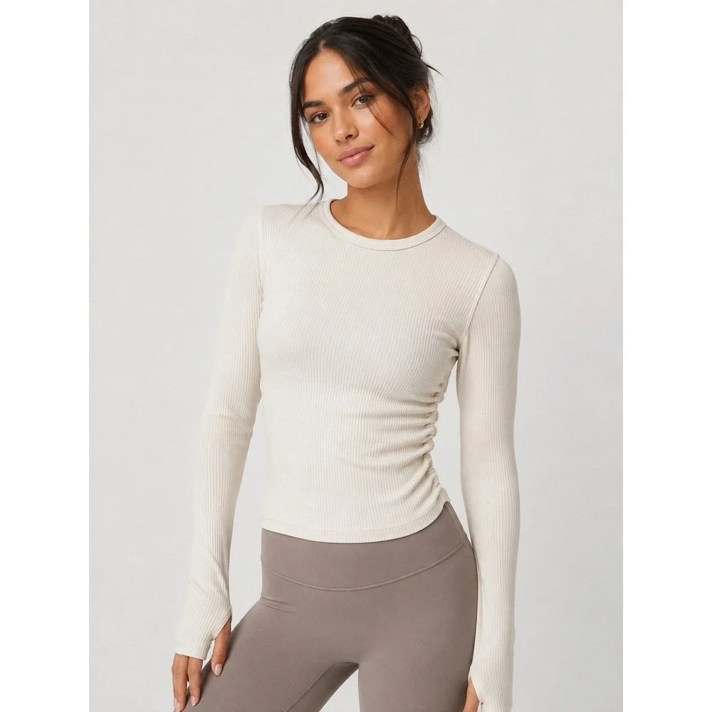 Lululemon Ribbed Ruched Side Long Sleeve Top Ivory Cream Fitted Women's